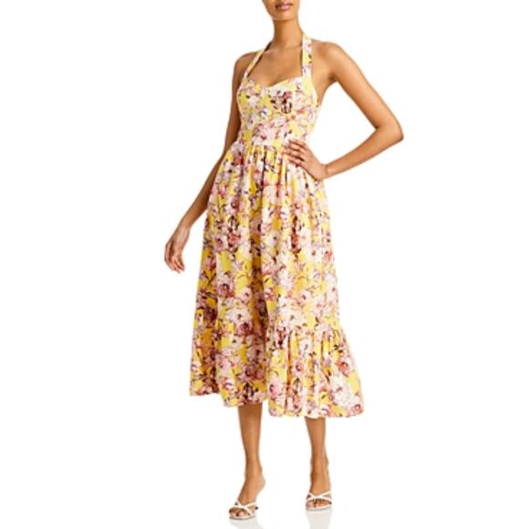Yellow Floral Print Sleeveless A-Line Midi Dress Size 10 BARDOT Colorful Linen - Picture 10 of 12